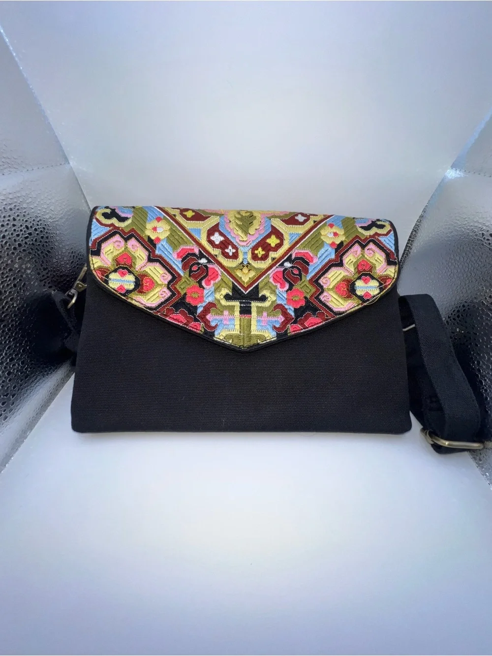 Embroidered Flap Crossbody Bag in Black with Multicolor Embroidery